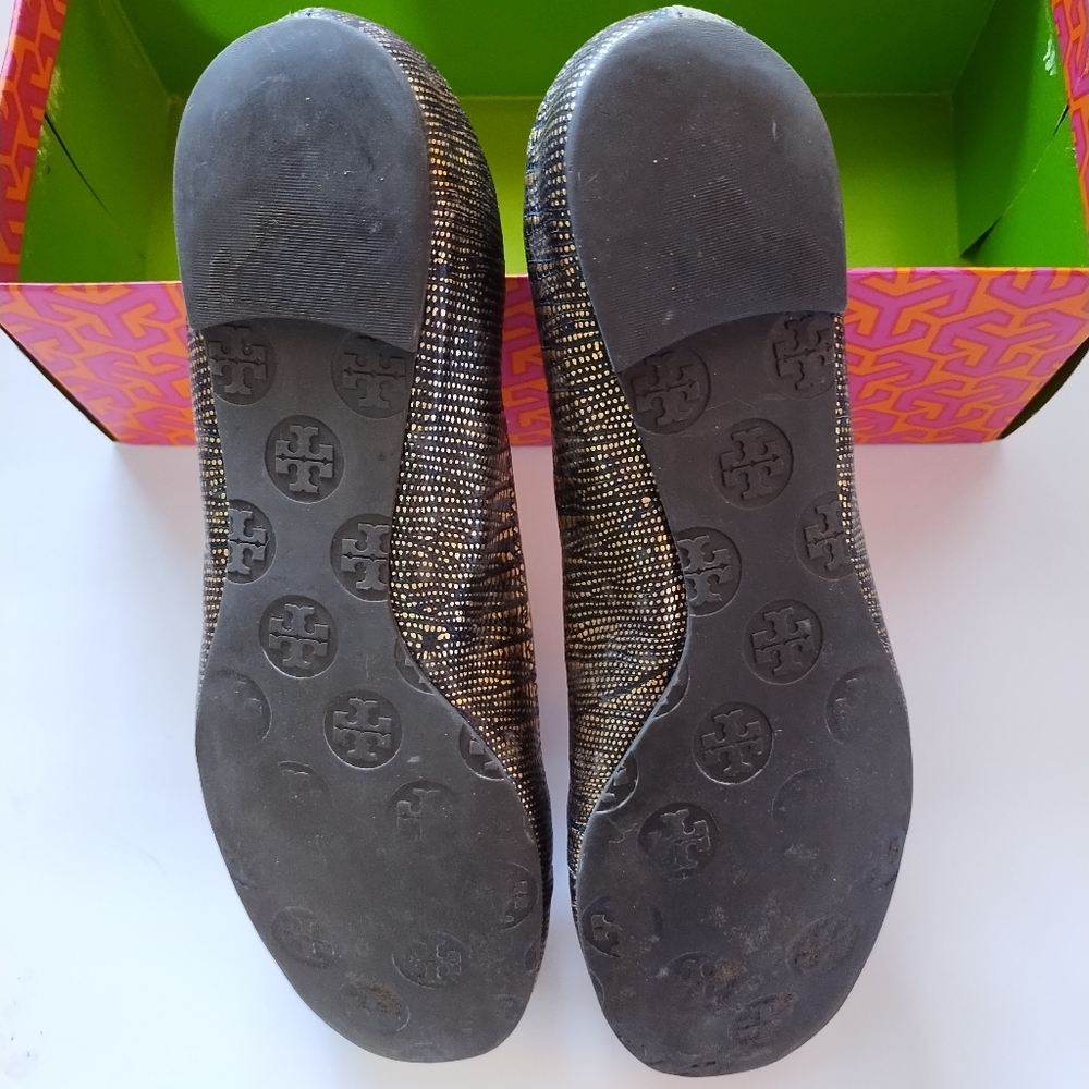 Tory Burch Gold/Bronze Reva Metallic Lizard Reva Ballet Flat Metal Logo Size 8.5 - Picture 15 of 15